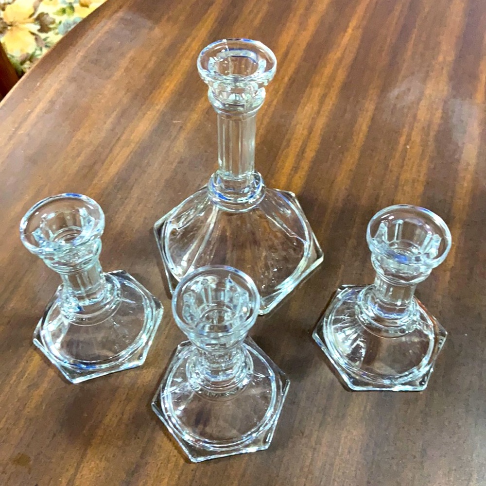 SET OF 4 VINTAGE CRYSTAL CANDLESTICKS 3 - 4 1/4” tall and 1- 6 1/4” tall